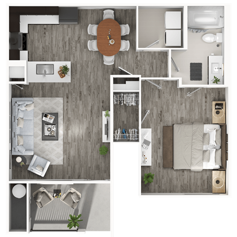 Floor plan for 1 bed, 1 bath, 898 sqft